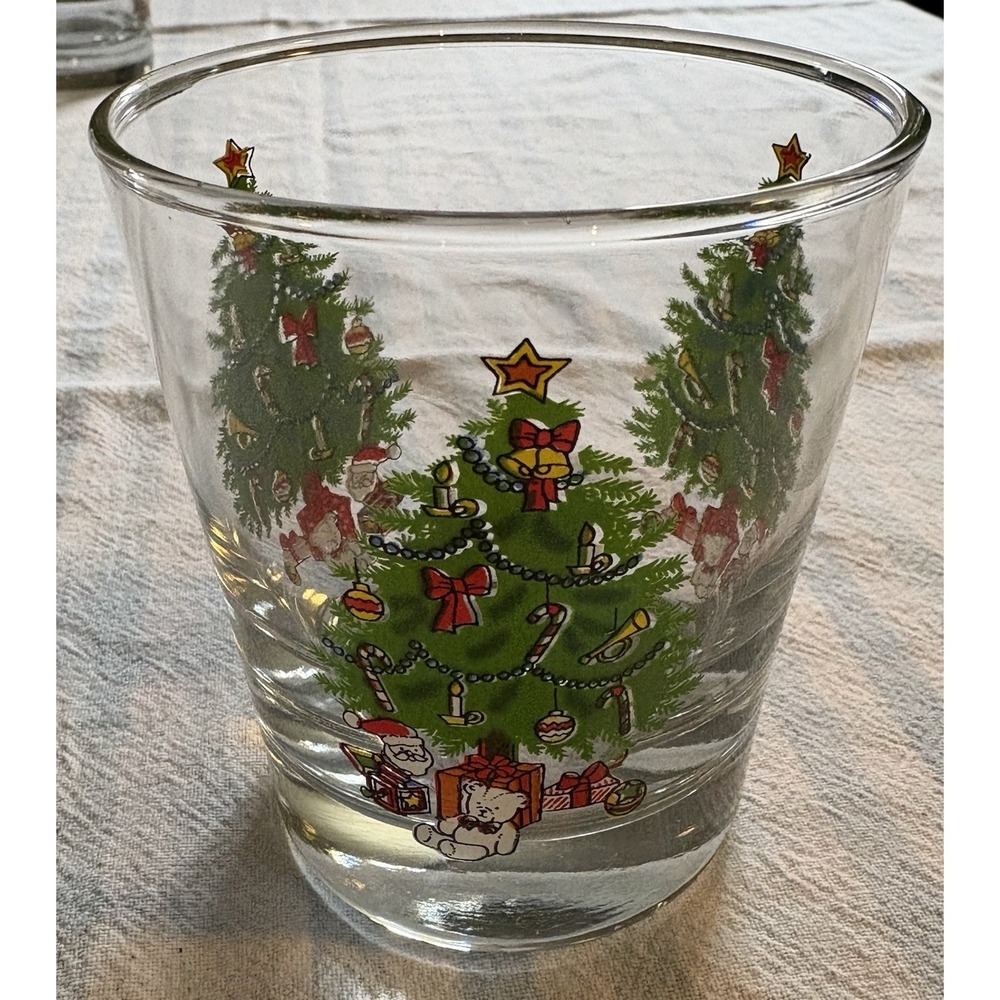 5 Vintage Anchor Hocking Christmas Tree Double Rocks Juice Glasses Holiday Magic